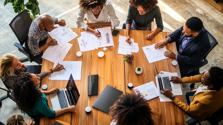 A team of experts talks with a client
